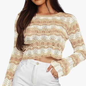 Women's Butter Yellow Beige and Cream crocheted knit Cropped Sweater NWT